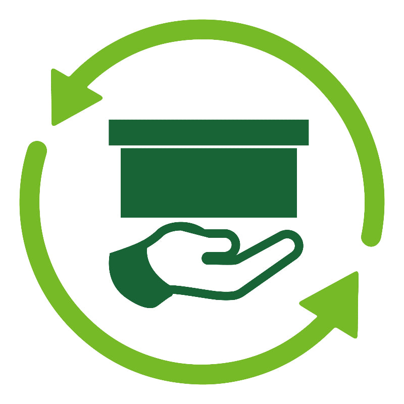 Groen icoon van een hand vasthouden een vak met pijlen indicating recycling of hergebruik op een wit achtergrond