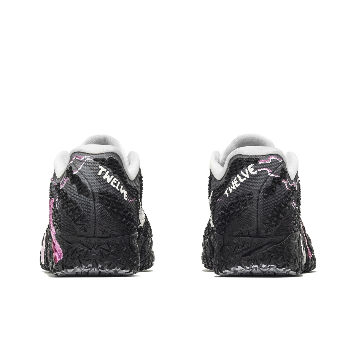 Rear view of custom Nike Ja 3 Black Pink basketball shoes, showing white TWELVE lettering, white collars and textured black heels.