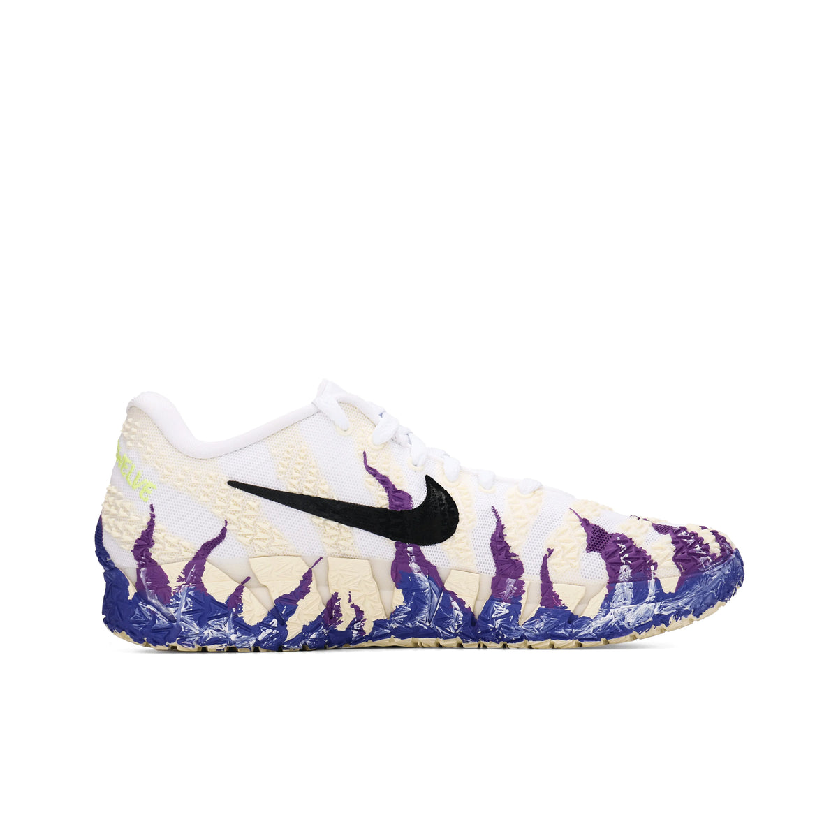 Customized Nike Ja 3 'Blue Fire' basketball shoe, opposite side view showing a black Swoosh and blue-purple flames on a cream upper.