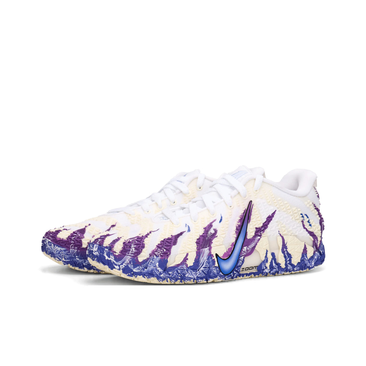 Customized Nike Ja 3 'Blue Fire' basketball shoes with cream uppers, blue-purple flame graphics and white laces, front three-quarter view.