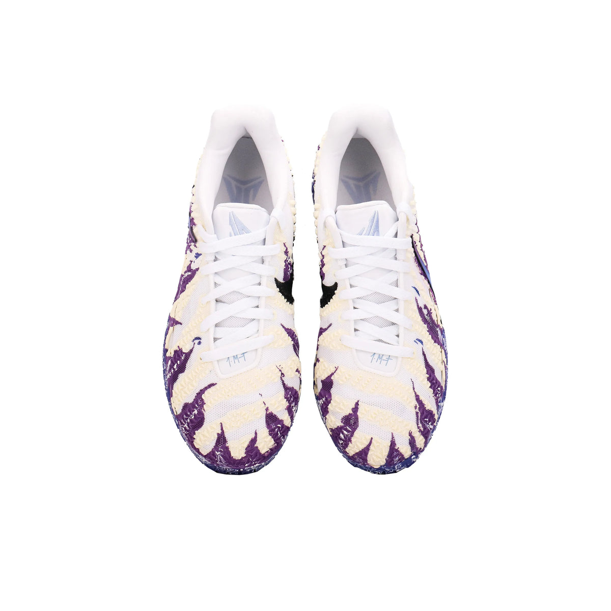 Customized Nike Ja 3 'Blue Fire' basketball shoes, top view showing white laces, cream toe boxes and purple flame details.