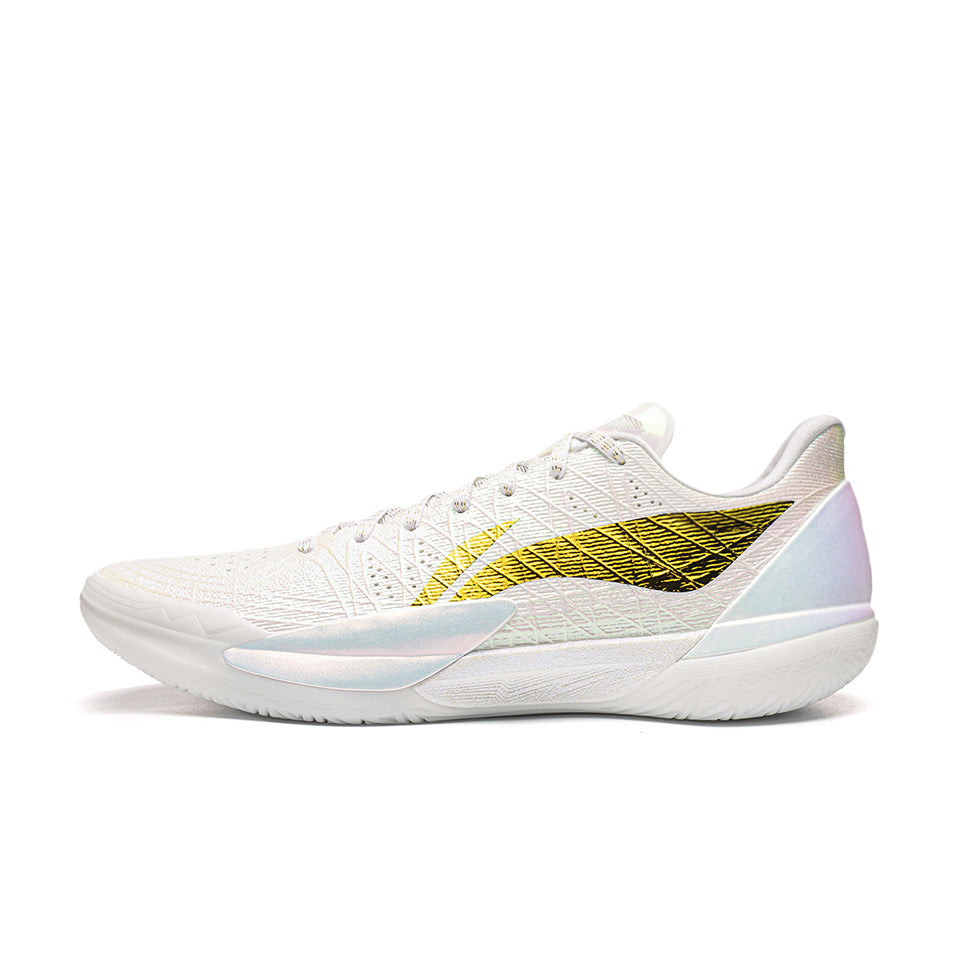 Li-Ning Gamma 2 'White Radiance' shoe, side view showing a white textured upper, gold-and-black side logo and iridescent support panels.