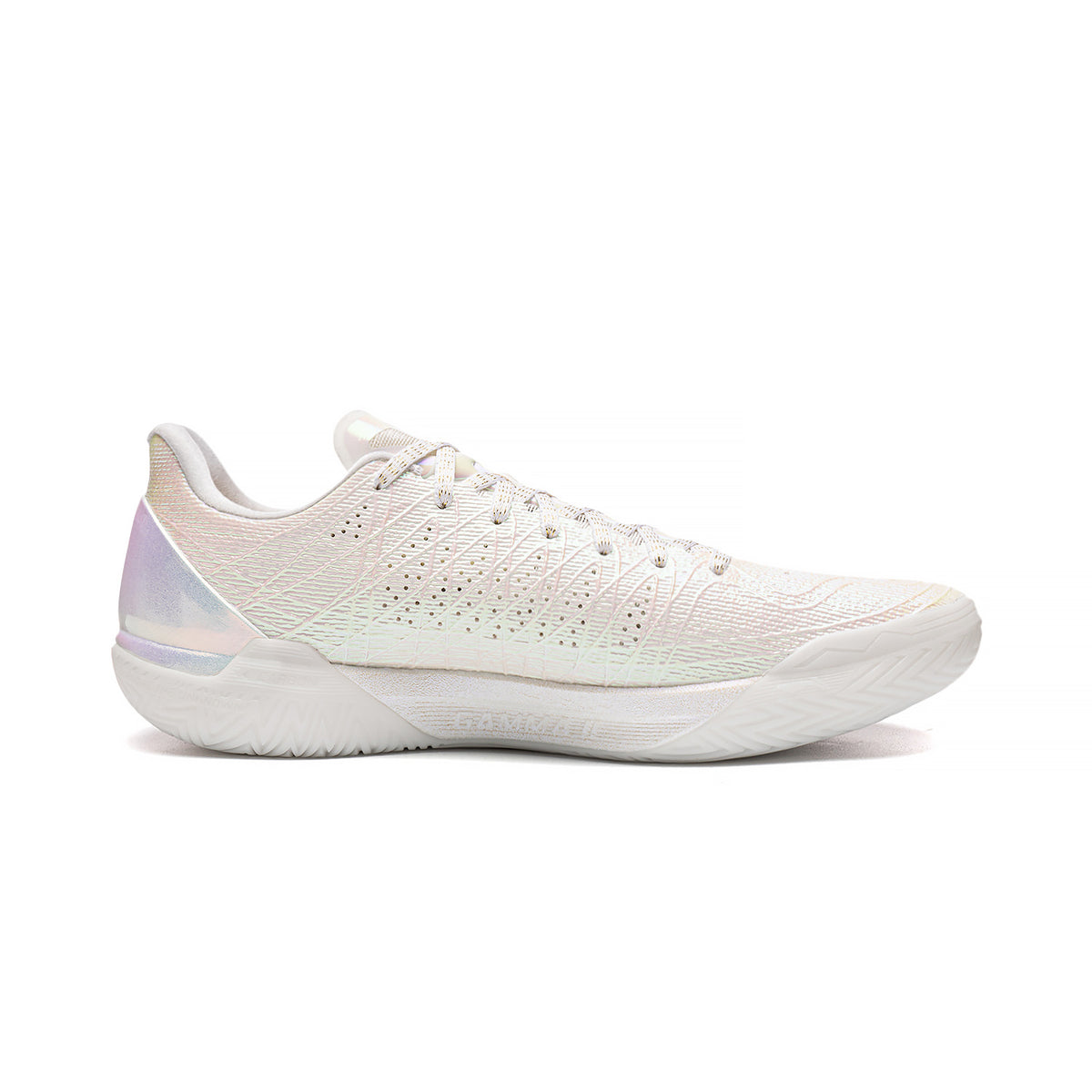 Li-Ning Gamma 2 'White Radiance' shoe, opposite side view showing a perforated white upper, white sole and iridescent heel panel.