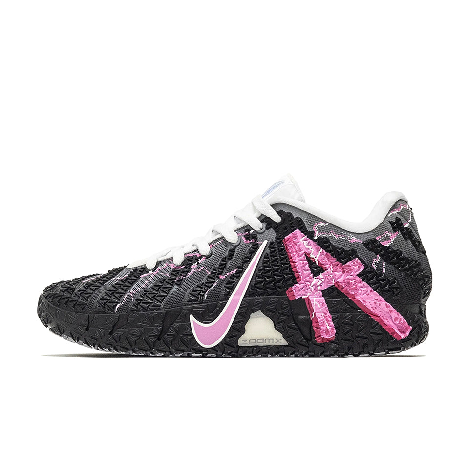 Custom Nike Ja 3 Black Pink basketball shoe, side view with a textured black upper, pink Swoosh, pink heel graphic and white laces.