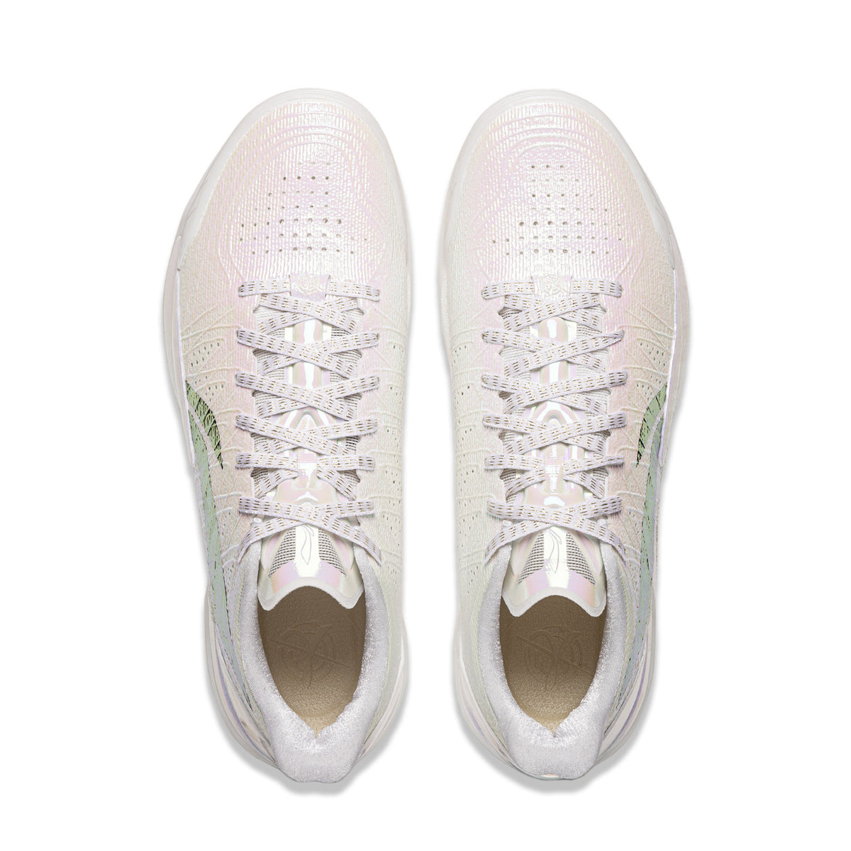 Li-Ning Gamma 2 'White Radiance' shoes, top view showing patterned white laces, perforated toe boxes and padded white collars.