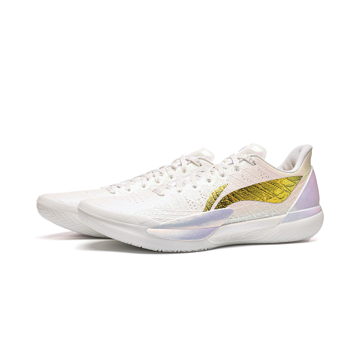 Li-Ning Gamma 2 'White Radiance' shoes with white uppers, gold-and-black side logos and iridescent accents, front three-quarter view.